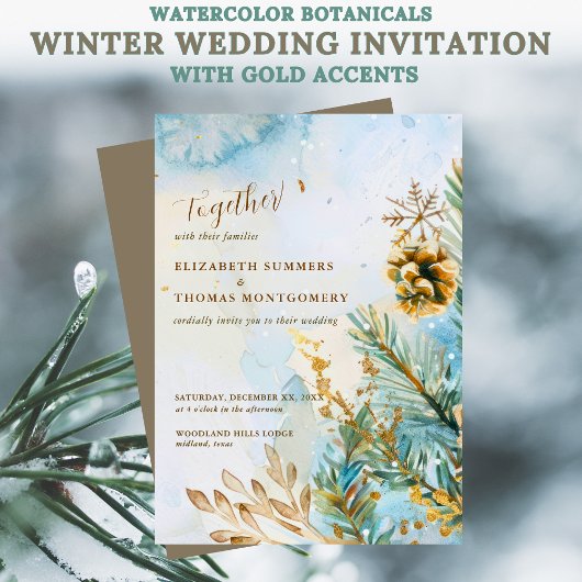 Watercolor Botanicals Winter Wedding Gold Accents 招待状