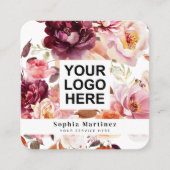 Watercolor Bouquet Floral Burgundy & QR Code Logo  スクエア名刺 (正面)