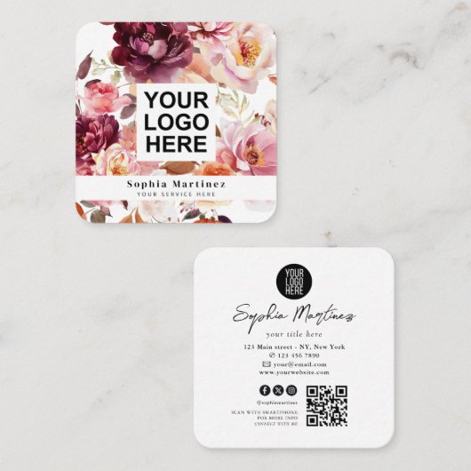 Watercolor Bouquet Floral Burgundy & QR Code Logo  スクエア名刺 (正面/裏面)