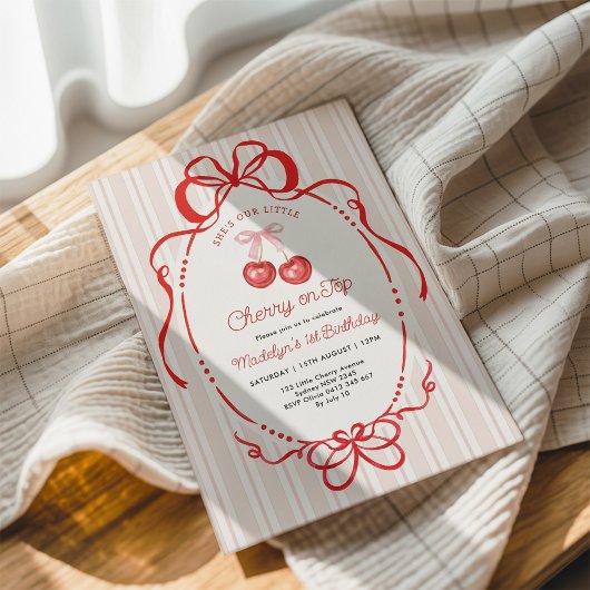 Watercolor Bow Cherry On Top Girl 1st Birthday 招待状