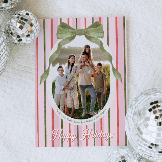 Watercolor Bow Family Photo Christmas Card シーズンカード