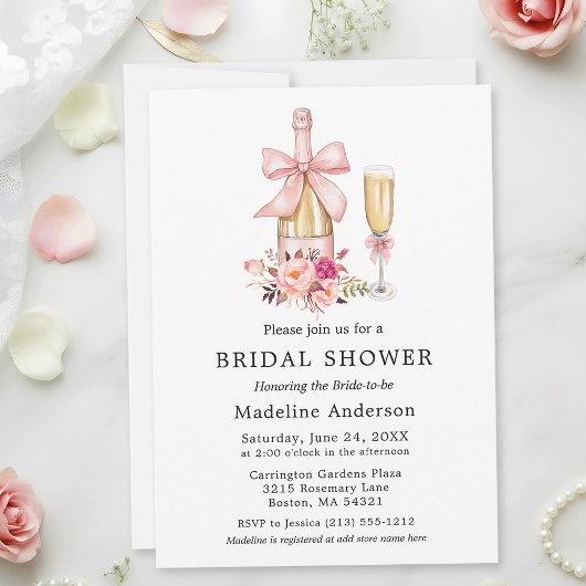 Watercolor Bow Pink Roses Bridal Shower 招待状