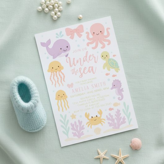 watercolor bow under the sea baby shower 招待状