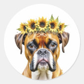 Watercolor Boxer Dog Floral Sunflower Crown ラウンドシール (正面)