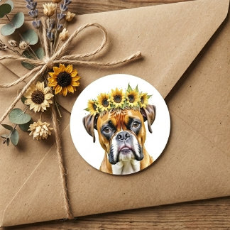 Watercolor Boxer Dog Floral Sunflower Crown ラウンドシール