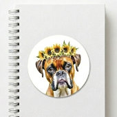 Watercolor Boxer Dog Floral Sunflower Crown ラウンドシール