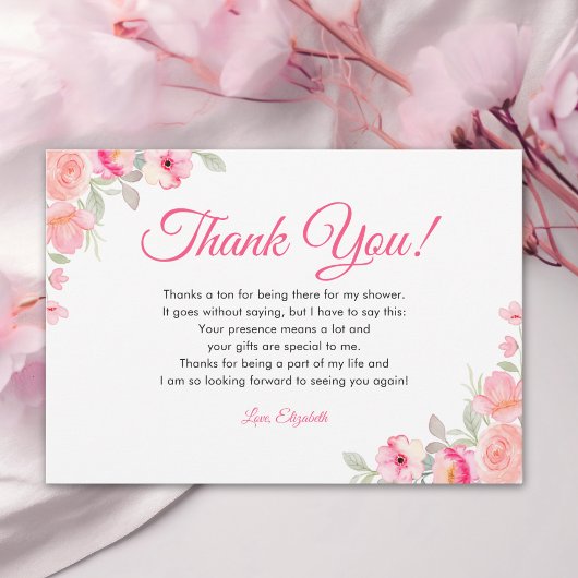 Watercolor Bridal Shower | Pink Flowers サンキューカード