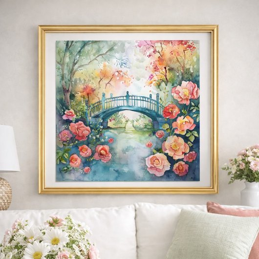 Watercolor Bridge Garden Floral  ポスター