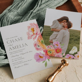Watercolor Bright Floral Photo Wedding Invitation 招待状