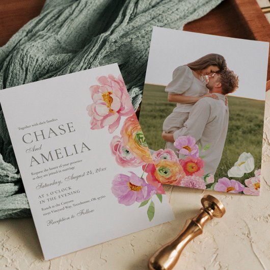 Watercolor Bright Floral Photo Wedding Invitation 招待状