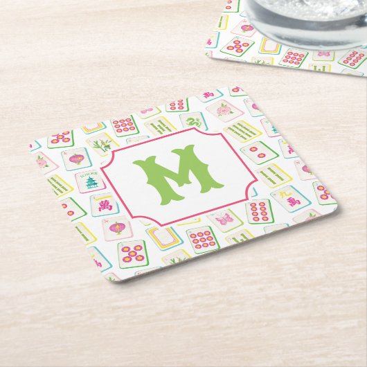 Watercolor Bright Mahjong Tiles Monogram スクエアペーパーコースター (アングル)