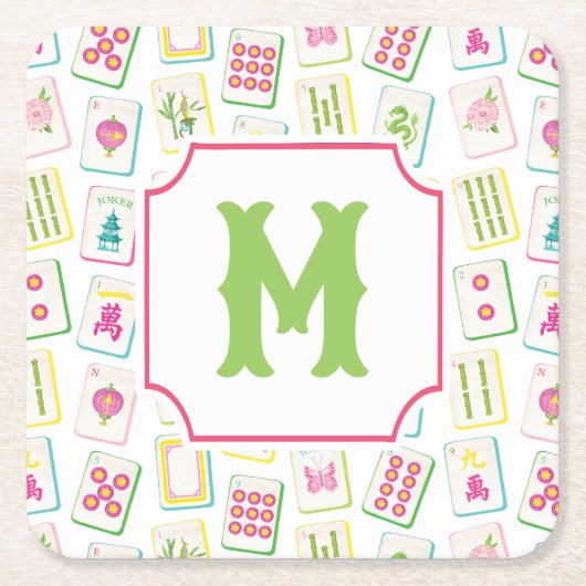 Watercolor Bright Mahjong Tiles Monogram スクエアペーパーコースター (正面)