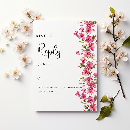 Watercolor bright pink blossom flowers RSVP  招待状