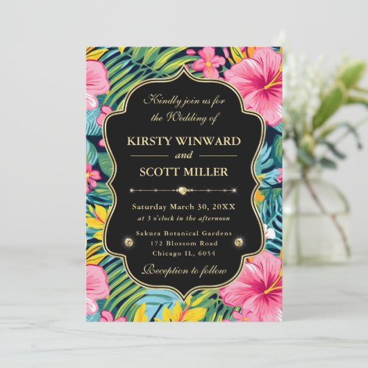 Watercolor Bright Tropical Preppy Flowers Wedding 招待状 (スタンド正面)
