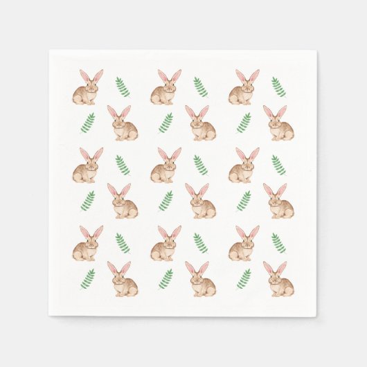 Watercolor Brown Easter Bunny And Greenery Pattern スタンダードカクテルナプキン (正面)