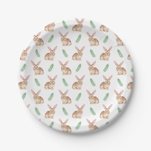 Watercolor Brown Easter Bunny And Greenery Pattern ペーパープレート (正面)
