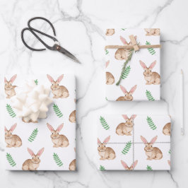 Watercolor Brown Easter Bunny And Greenery Pattern ラッピングペーパーシート