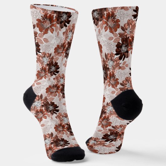 Watercolor brown grey floral pattern.  ソックス (傾斜あり)