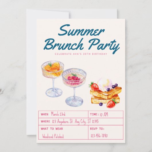 Watercolor Brunch Party Adult Birthday  招待状 (正面)