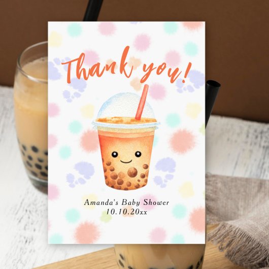 Watercolor Bubble Tea Baby Shower Thank You サンキューカード