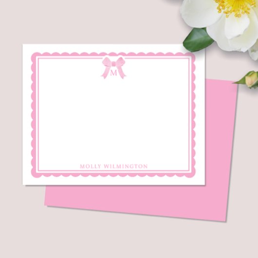Watercolor Bubblegum Pink Bow Preppy Monogram ノートカード