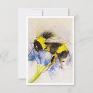 Watercolor Bumblebee on Blue Flower Note Card ノートカード
