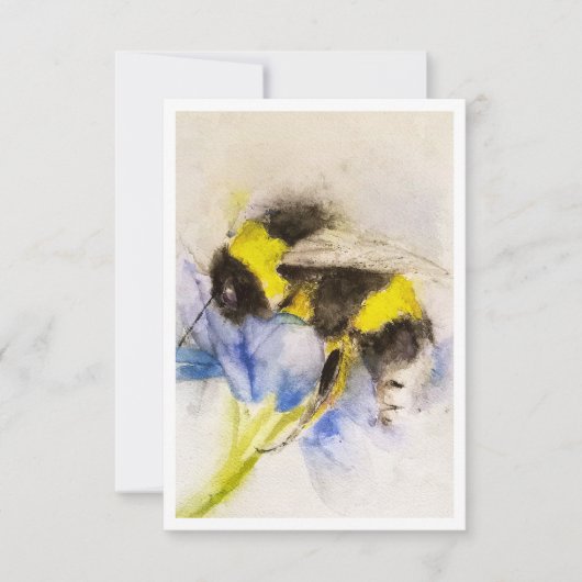 Watercolor Bumblebee on Blue Flower Note Card ノートカード (正面)