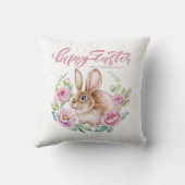 Watercolor Bunnt and Pink Floral Wreath Easter クッション (裏面)