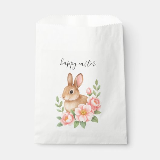 Watercolor Bunnt and Pink Floral Wreath Easter フェイバーバッグ (正面)