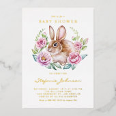 Watercolor Bunny and Pink Flowers Baby Shower 箔招待状 (正面)