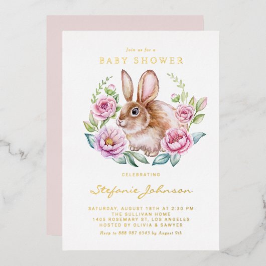 Watercolor Bunny and Pink Flowers Baby Shower 箔招待状 (正面/裏面)