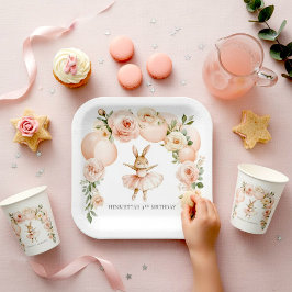 Watercolor Bunny Ballerina Birthday Plates ペーパープレート