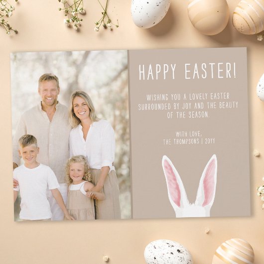 Watercolor Bunny Ears Family Photo Beige Easter カード