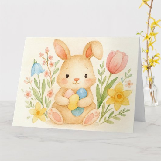 Watercolor Bunny Easter カード (黄色い花)