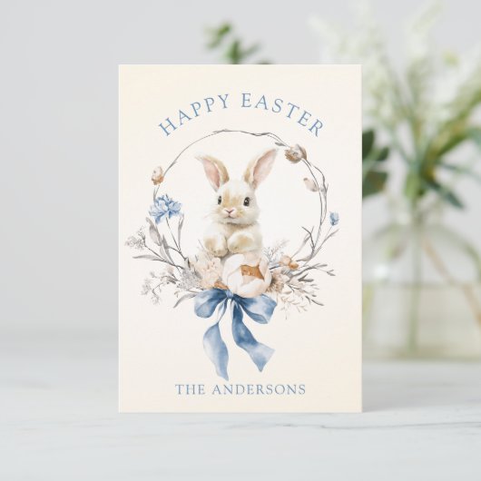 Watercolor Bunny Flowers Blue Bow Spring カード (スタンド正面)