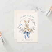 Watercolor Bunny Flowers Blue Bow Spring カード (正面/裏面インサイチュ)