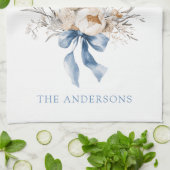 Watercolor Bunny Flowers Blue Bow Spring キッチンタオル (折り畳み)