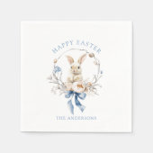 Watercolor Bunny Flowers Blue Bow Spring Easter スタンダードカクテルナプキン (正面)