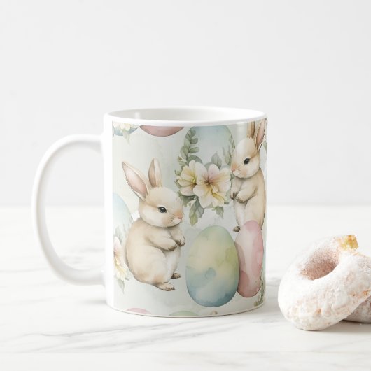Watercolor Bunny Garden コーヒーマグカップ (ドーナツ)
