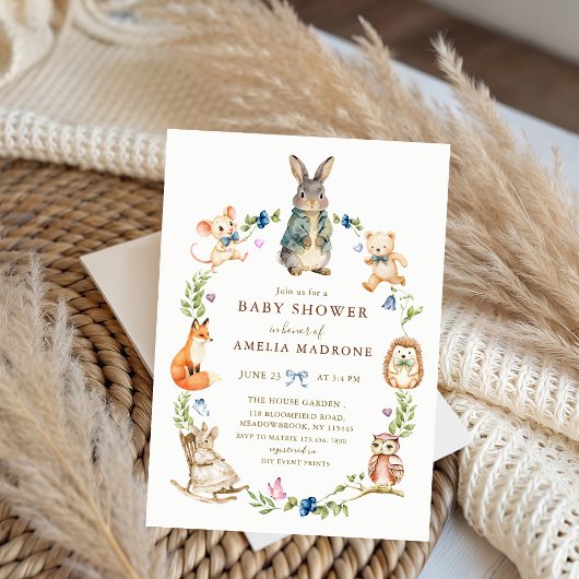 Watercolor Bunny Rabbit Friends Wreath Baby Shower 招待状