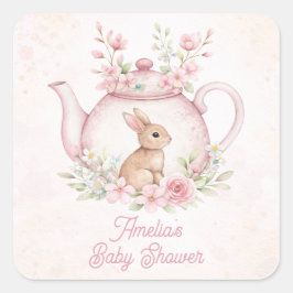 Watercolor Bunny Rabbit Tea Pot Floral Baby Shower スクエアシール