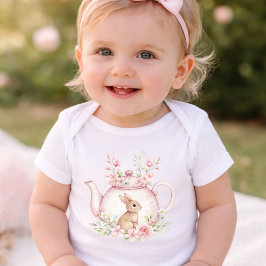 Watercolor Bunny Rabbit Tea Pot Floral Baby Shower ベビーボディスーツ