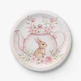 Watercolor Bunny Rabbit Tea Pot Floral Baby Shower ペーパープレート