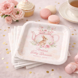 Watercolor Bunny Rabbit Tea Pot Floral Baby Shower ペーパープレート