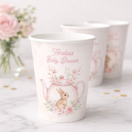 Watercolor Bunny Rabbit Tea Pot Floral Baby Shower 紙コップ