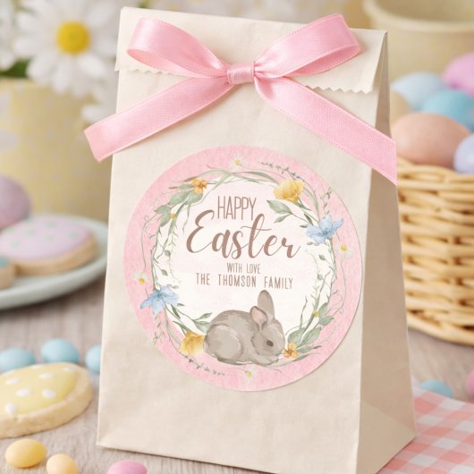 Watercolor Bunny Spring Wildflowers Happy Easter  ラウンドシール