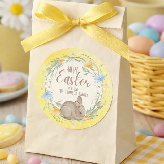 Watercolor Bunny Spring Wildflowers Happy Easter ラウンドシール