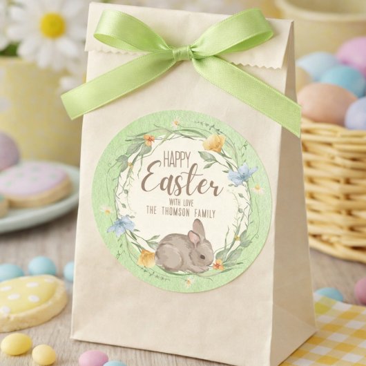 Watercolor Bunny Spring Wildflowers Happy Easter  ラウンドシール