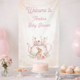 Watercolor Bunny Tea Party Floral Girl Baby Shower 横断幕