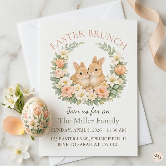 Watercolor Bunny Wreath Floral Easter Sunday 2026 シーズンカード